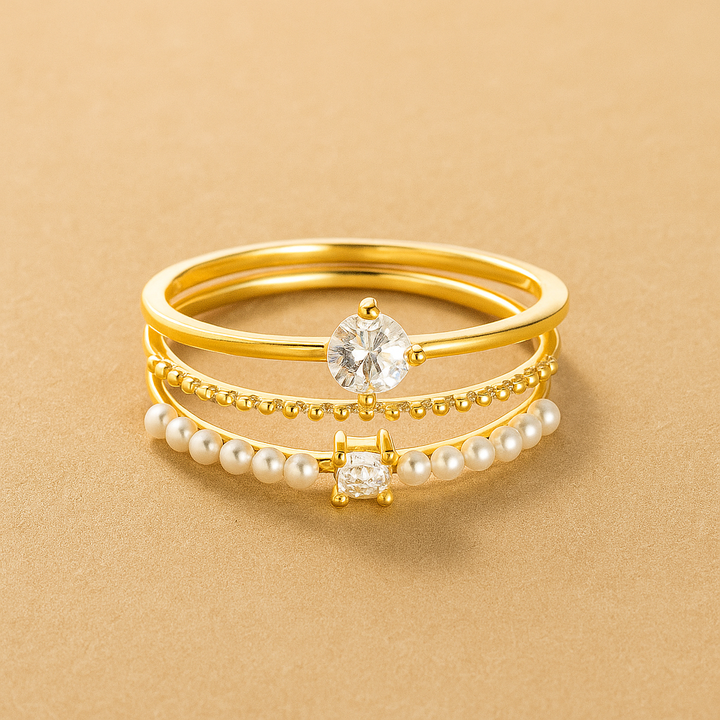 Elegant 3-Piece Ring Set - Zirconia & Pearls
